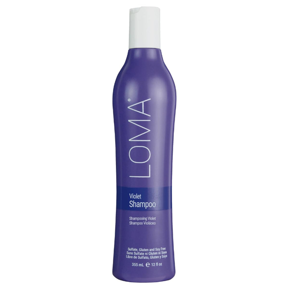 Loma Shampoing Violet, bouteille présentée avec une promesse de pigment bleu-violet pour blond et gris