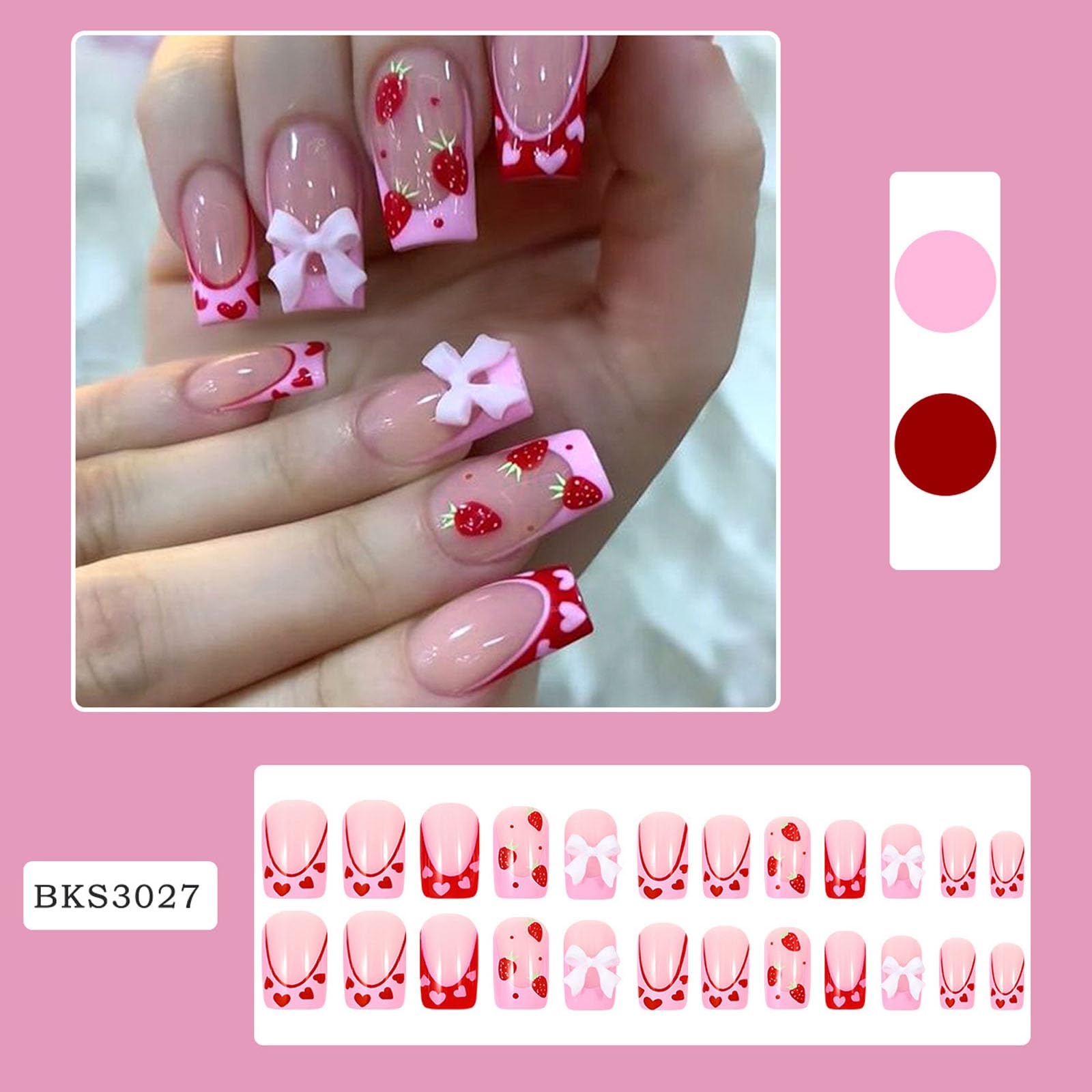 Ongles Lomxene Valentine pointe rose, finition française chic et lumineuse.