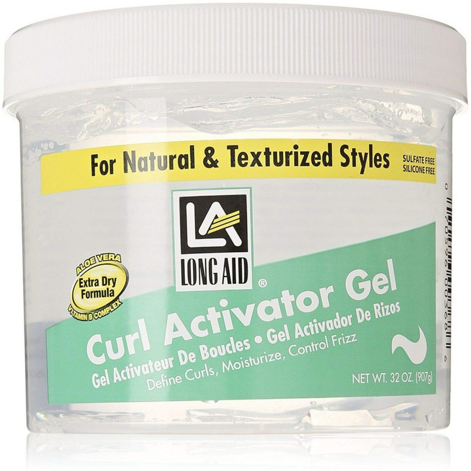 Long Aid Curl Activator Gel applied to damp curls for soft, manageable waves.