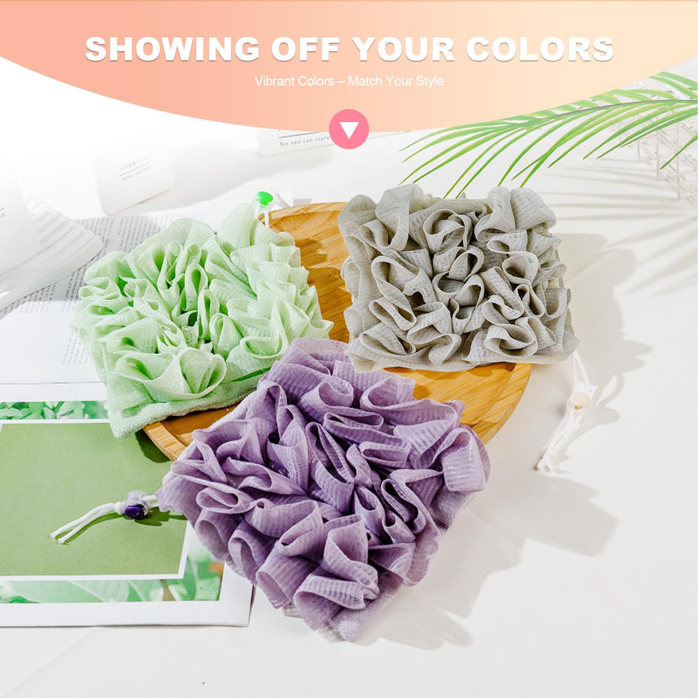 Loofah-Washcloth avec cordon pour suspendre après douche.