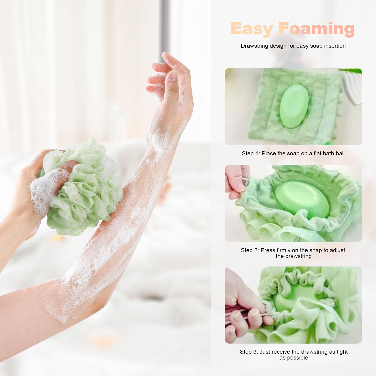 Loofah-Washcloth avec pochette savon intégrée, pratique et économique.