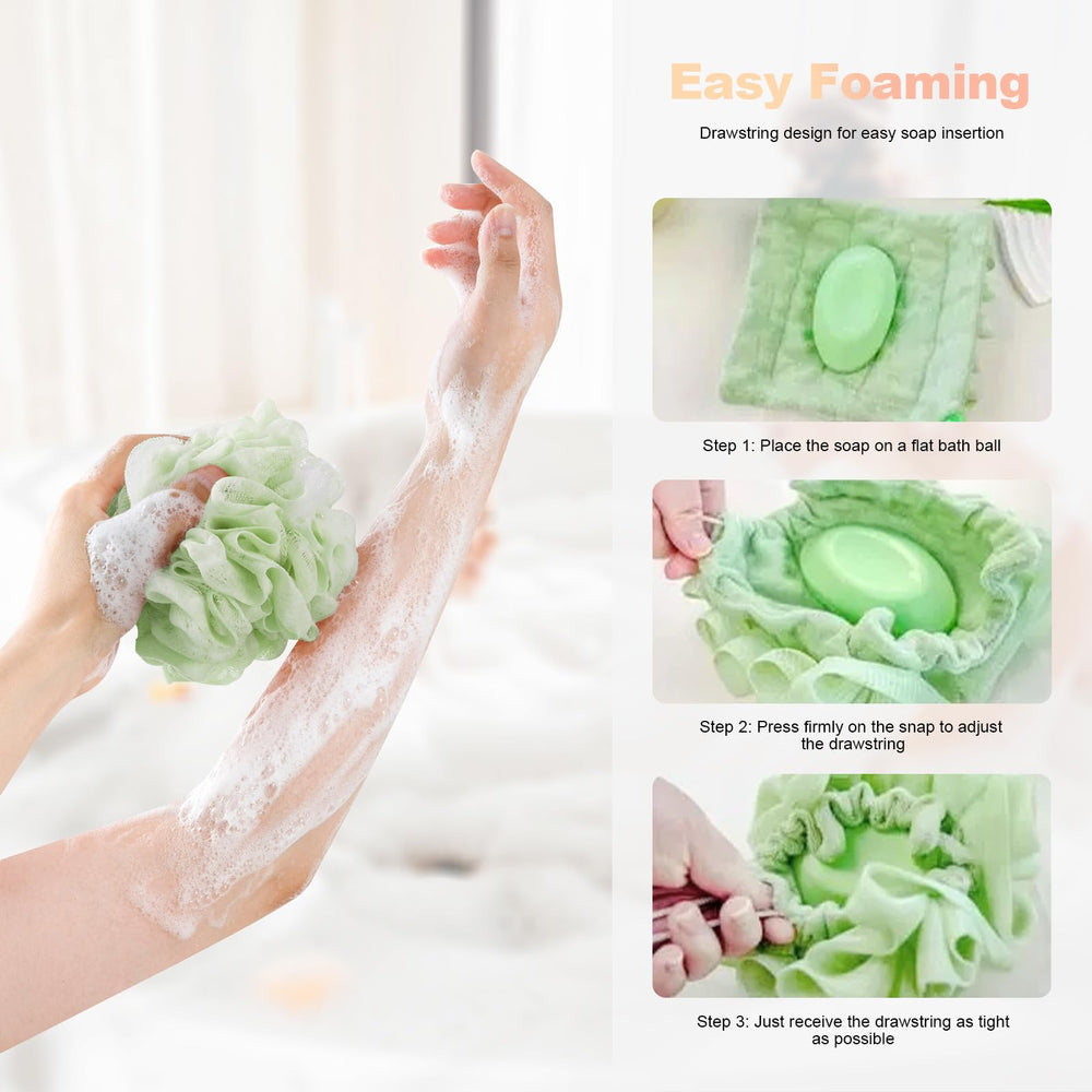 Loofah-Washcloth avec pochette savon intégrée, pratique et économique.
