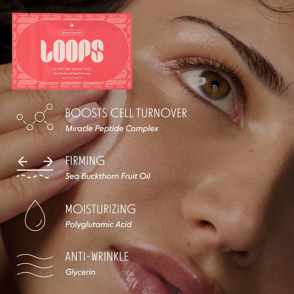 LOOPS tonique exfoliant sur pad bambou : peau rafraîchie prête.