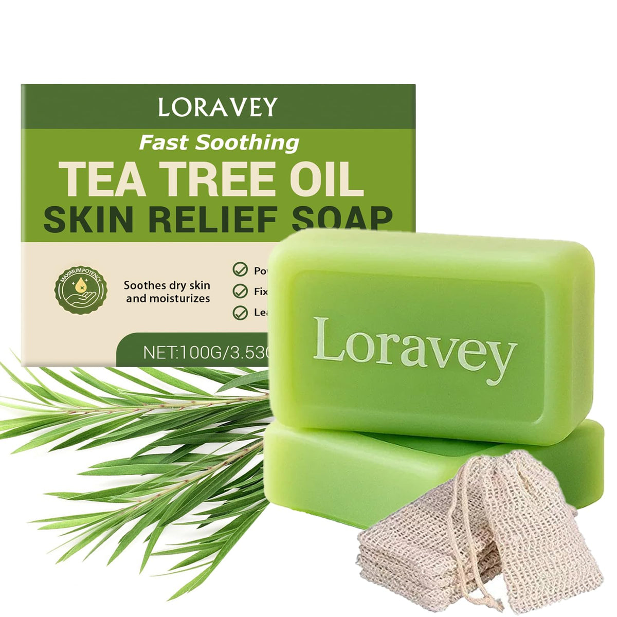 Loravey Savon antifongique avec huile d'arbre à thé pour peau purifiée.