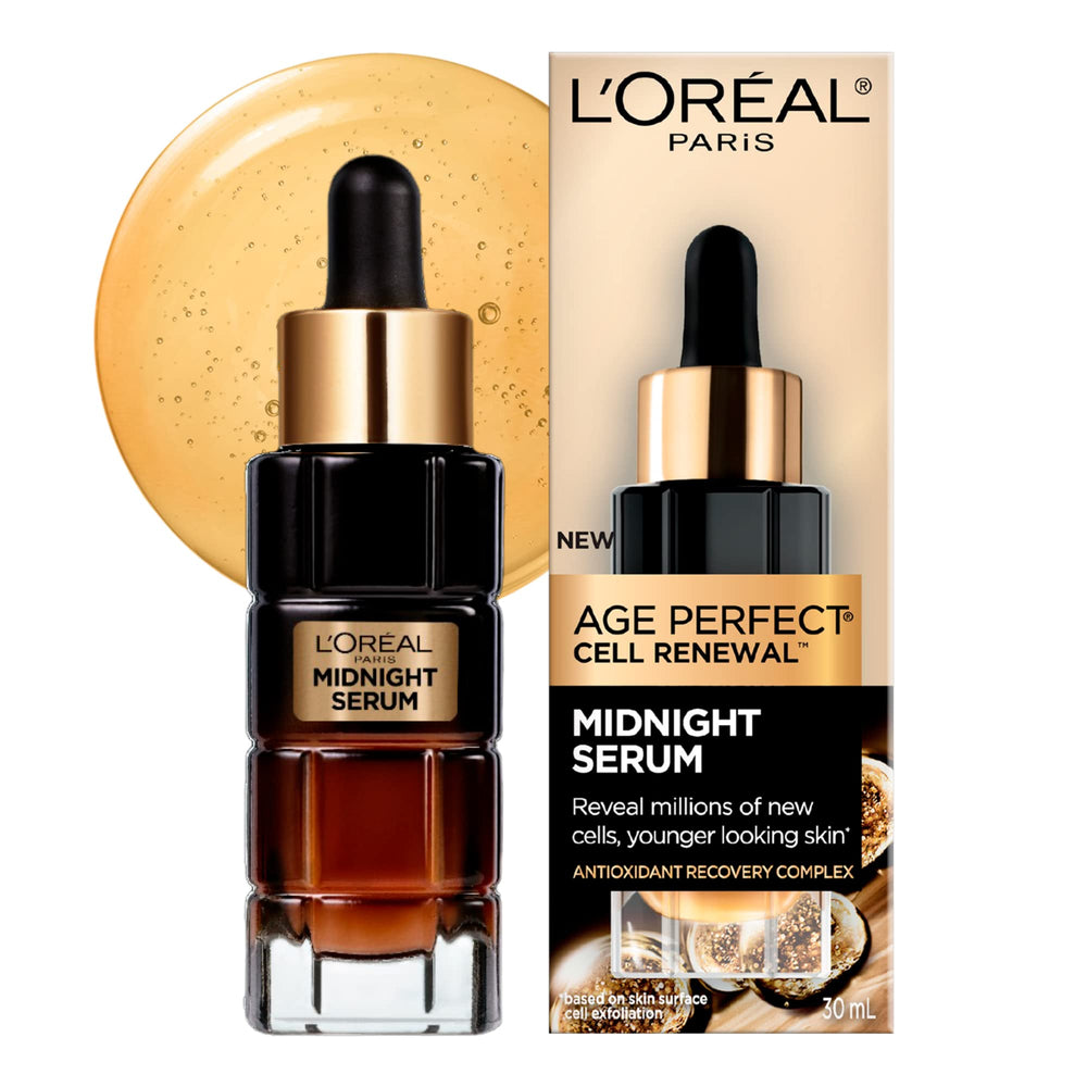 Sérum Minuit L’Oréal Paris Age Perfect sur la bouteille, hydratation légère et réparation nocturne.