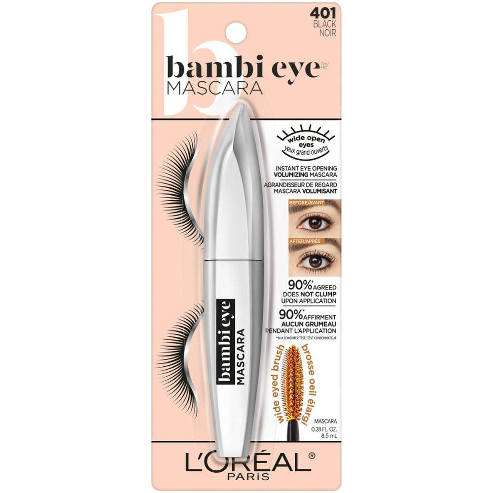 L'Oreal Paris Bambi Eye mascara delivers lifted, curled lashes for an open-eye look.