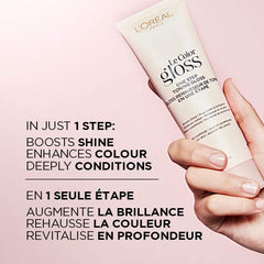 Cheveux blond miel avant et après le gloss tonifiant, reflets plus chauds.