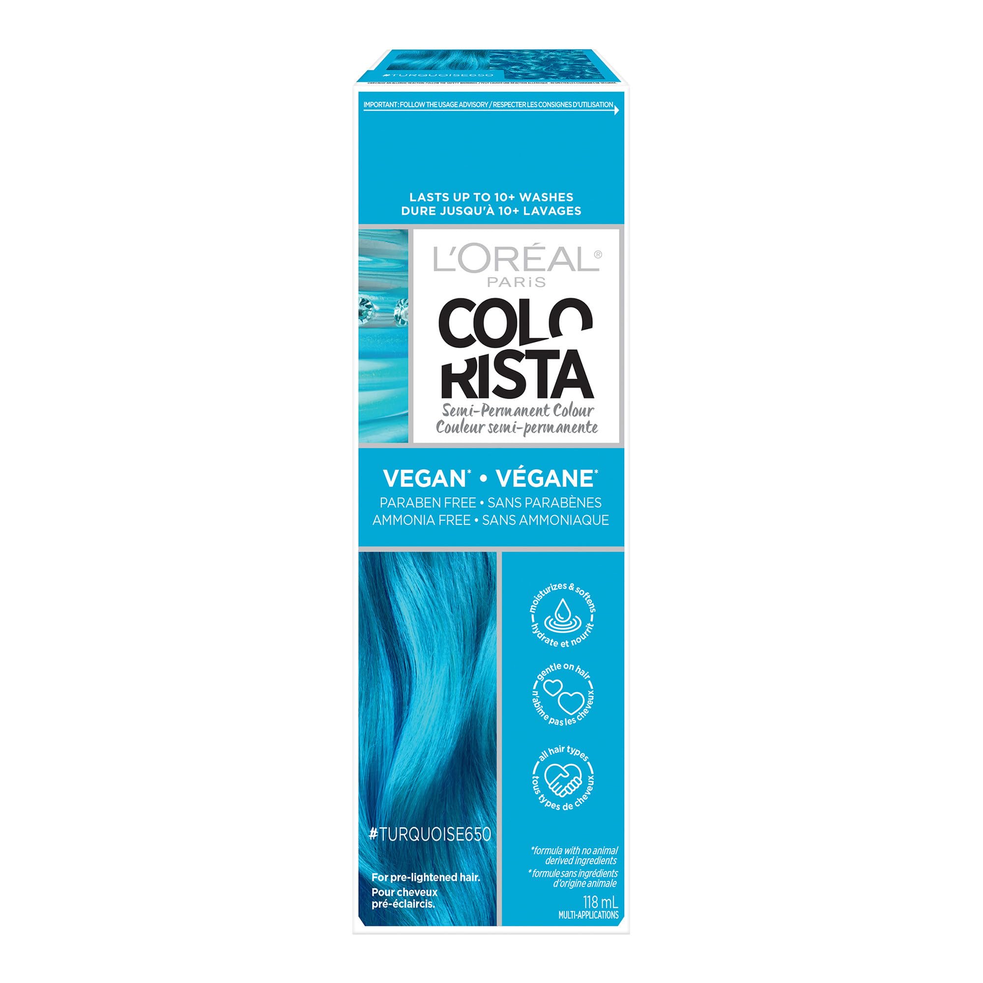 Colorista turquoise dépose une couleur sur blond avec soin.