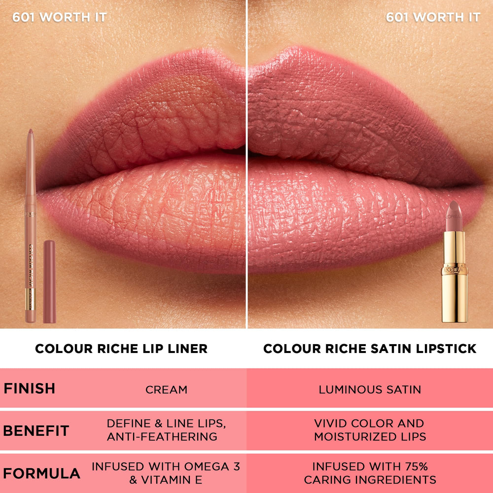 L’Oréal Paris Colour Riche: duo avec rouge à lèvres rose pour un look harmonieux.