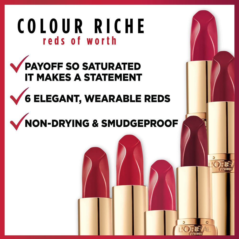 L’Oréal Paris Colour Riche rouge nourrissant argan vitamine E, lèvres hydratées et douces.