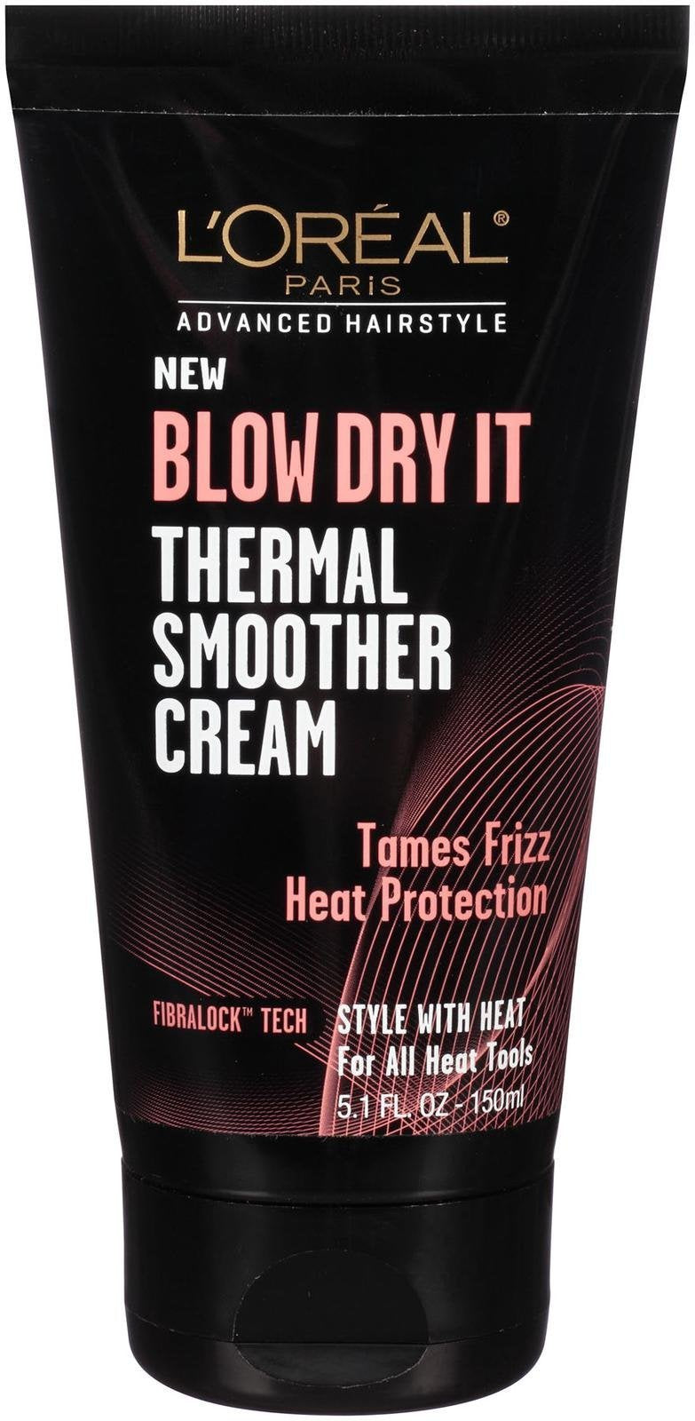 Flacon de la crème thermique lissante L’Oréal Paris, pour un séchage et lissage faciles.