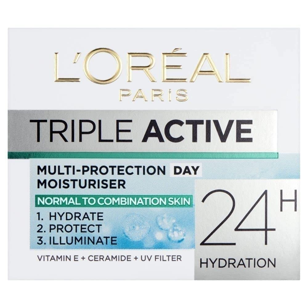 Crème de jour L’Oréal Paris Dermo-Expertise Triple Actif, flacon, hydratation légère pour peau normale à mixte.