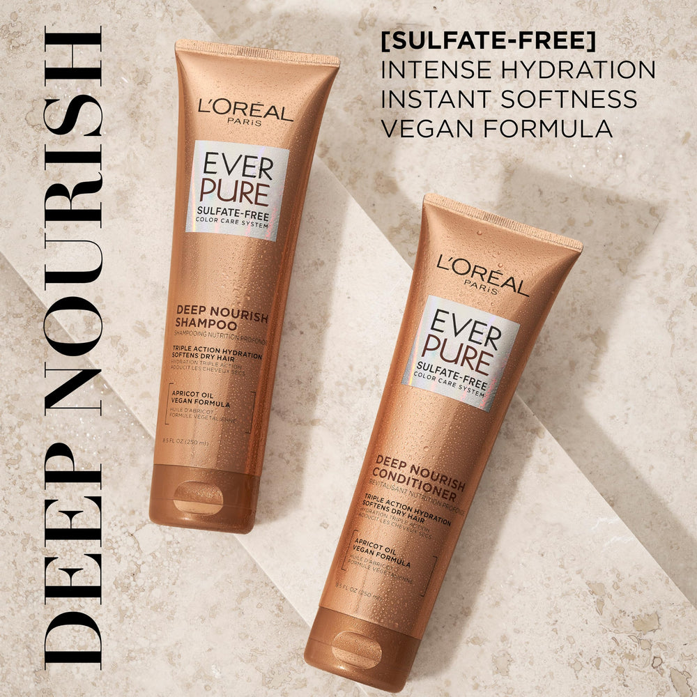L’Oréal Paris EverPure Après-shampoing, bouteille abricot, démêle en douceur et préserve la couleur.