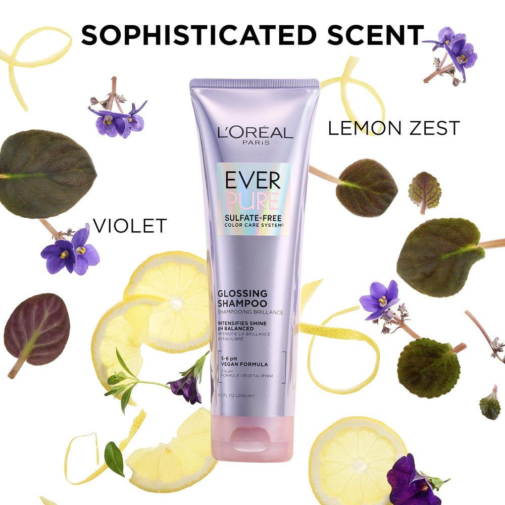 L'Oreal Paris EverPure Glossing Conditioner bottle complements shampoo for lasting smoothness.
