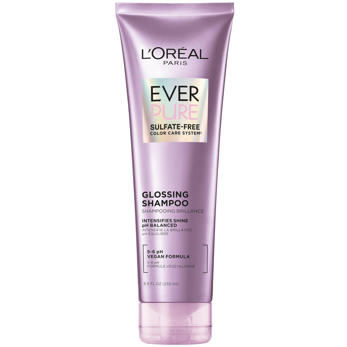 L'Oreal Paris EverPure Glossing Shampoo bottle demonstrates sulfate-free shine and color-safe care.