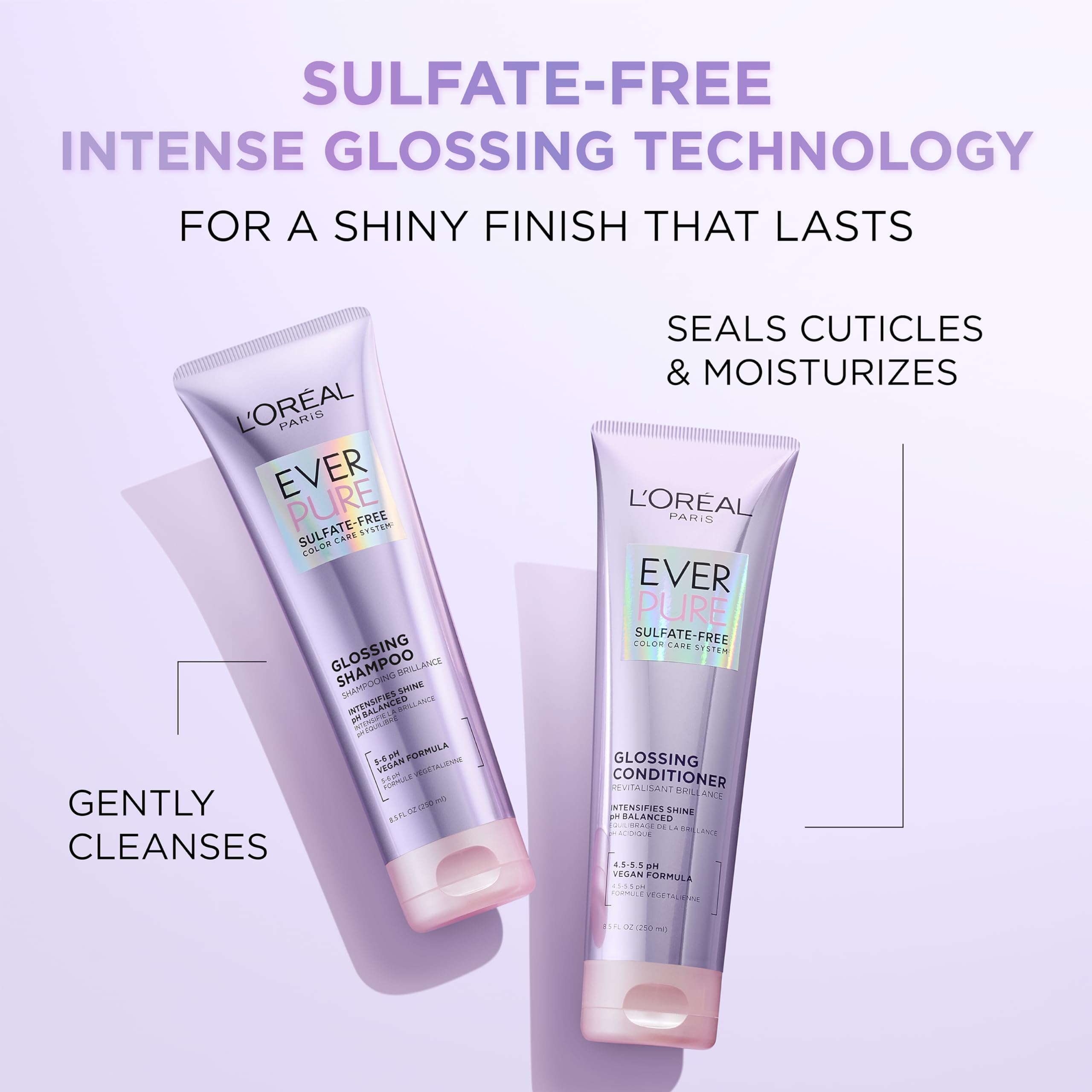L'Oreal Paris EverPure Glossing Shampoo foam delivers rich lather for cleansing and shine.