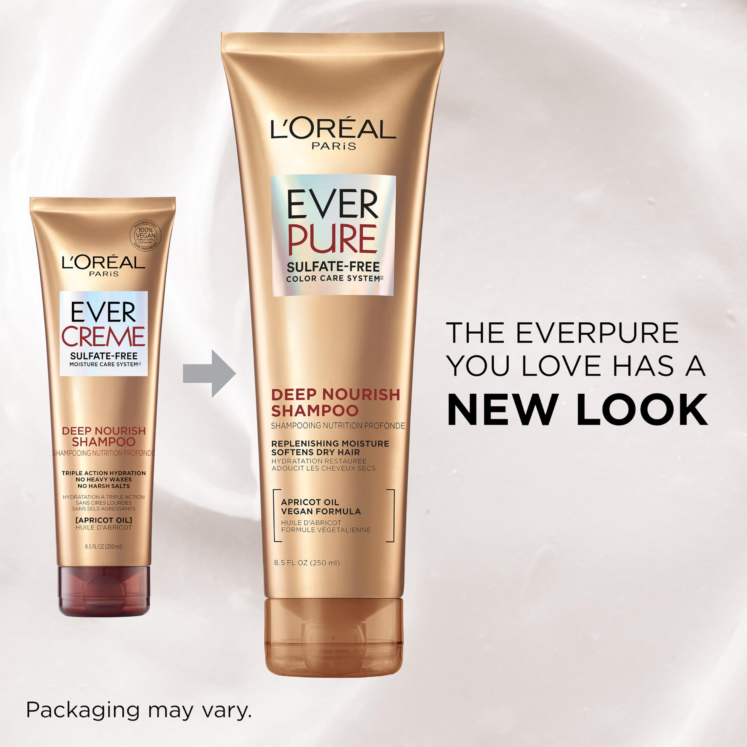 L’Oréal Paris EverPure mousse riche, douceur nourrissante et sensation luxueuse.