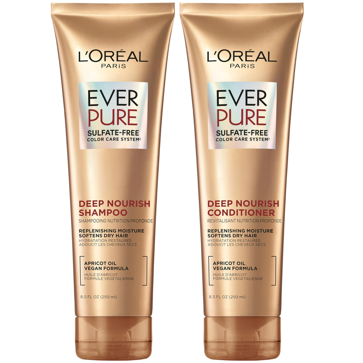 L’Oréal Paris EverPure Shampoing, bouteille abricot, douceur et hydratation pour cheveux secs.