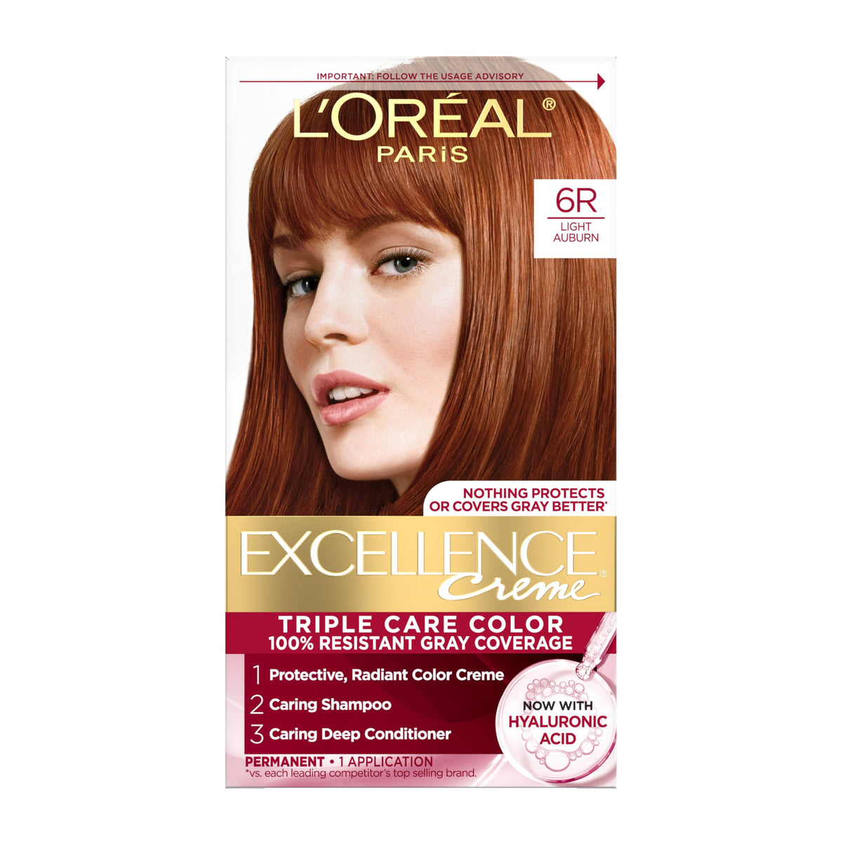 L’Oréal Paris Excellence Crème — application 6R auburn clair pour une couverture homogène.