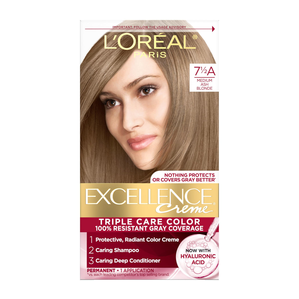 Excellence Creme de L’Oréal Paris – bouteille teinte 7-5a blond cendré, couverture grise fiable.