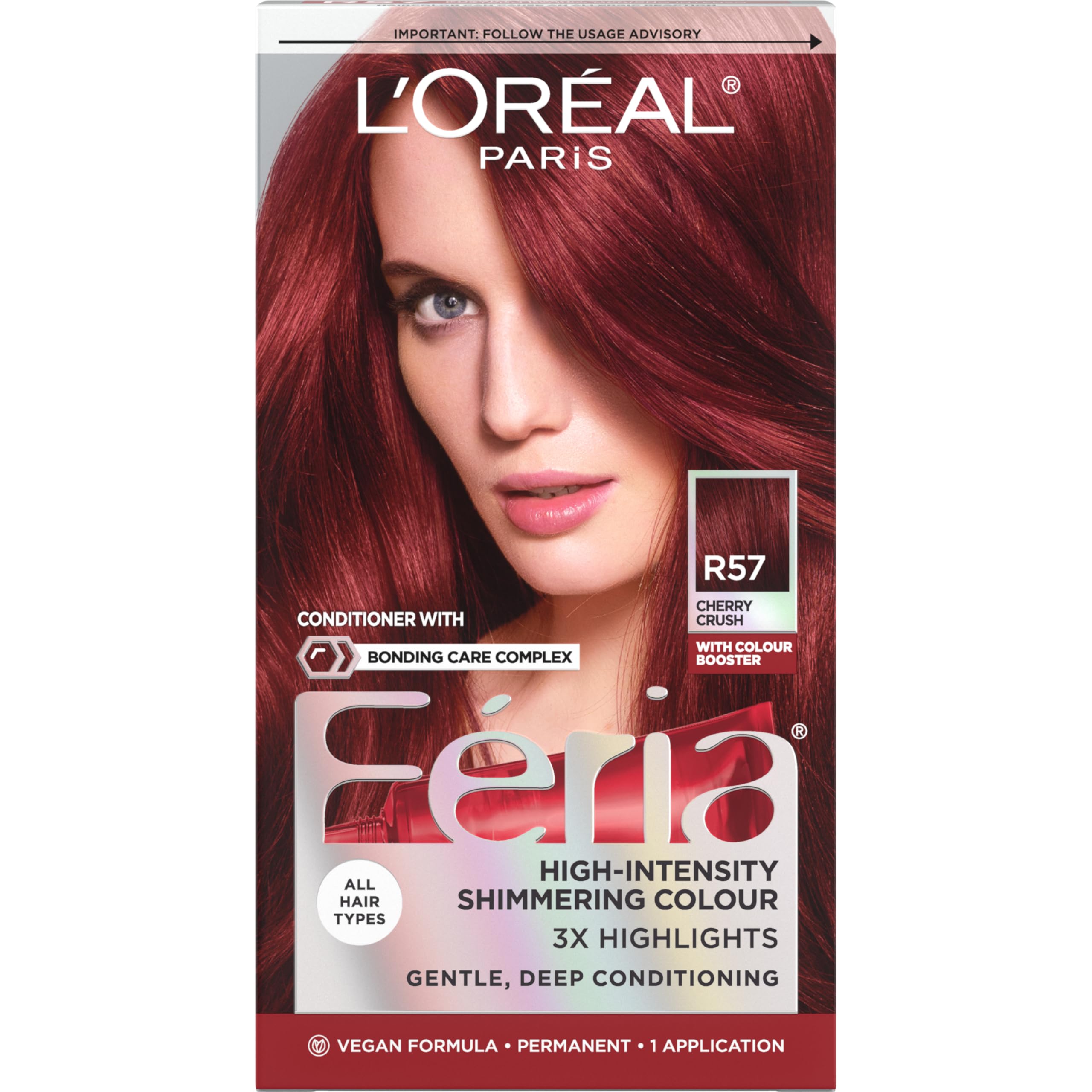 L’Oréal Paris Feria cerise intense, couleur multi-facettes pour cheveux vibrants.