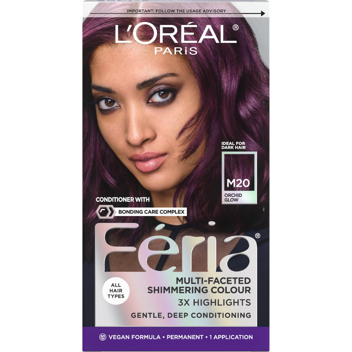 L’Oréal Paris Feria Midnight Bold montre une teinte violette intense sans décoloration.