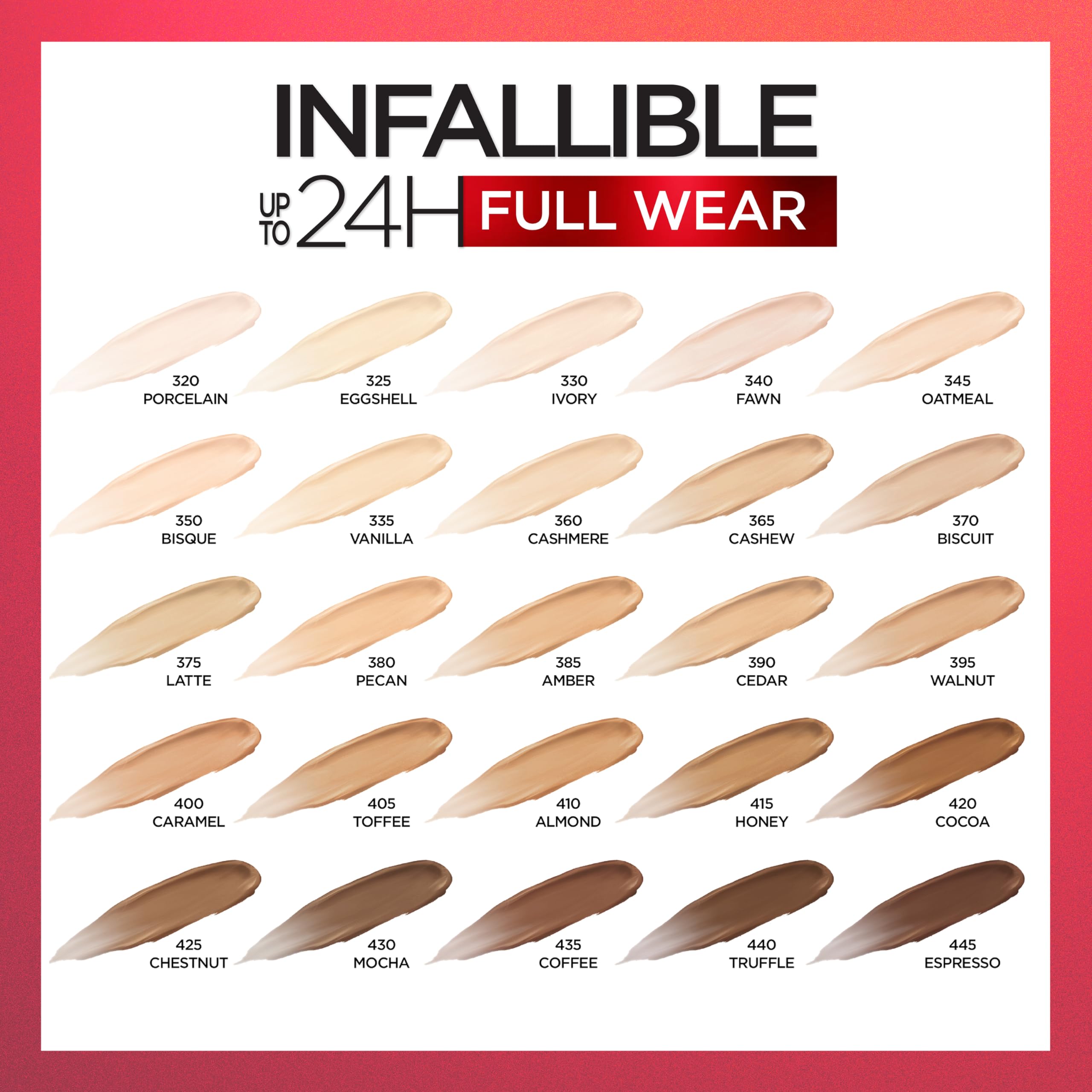 L'Oreal Paris Full Wear packaging highlights the extended shade range.