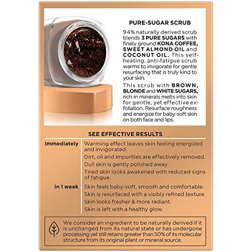 Particules de sucre et café Kona exfoliant doucement la peau.
