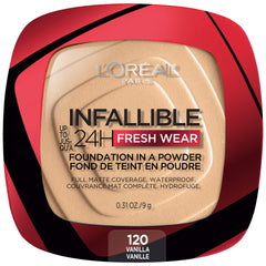 L’Oréal Paris Infallible Fresh Wear poudre teinte vanille pour une couvrance durable.
