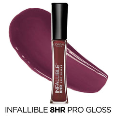 L Oréal Paris Infallible Gloss Raisin montre sa brillance 8 heures durable pour les lèvres.