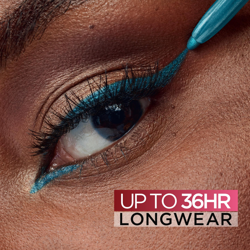 L’Oréal Paris Infallible Grip: échantillon turquoise sur peau, couleur vive et durable.
