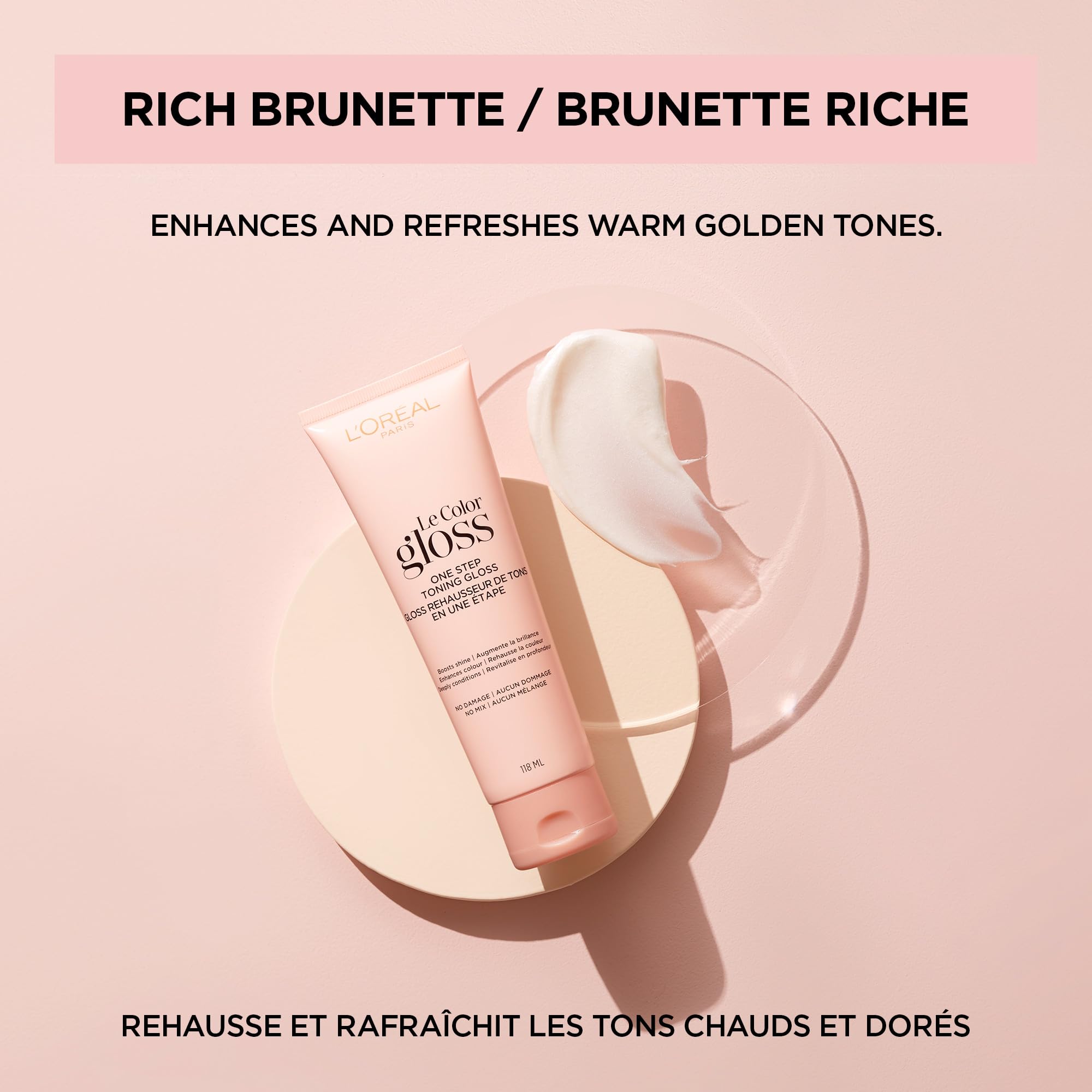 L’Oréal Paris Le Color tonifiant, brillance soyeuse sur cheveux brun.