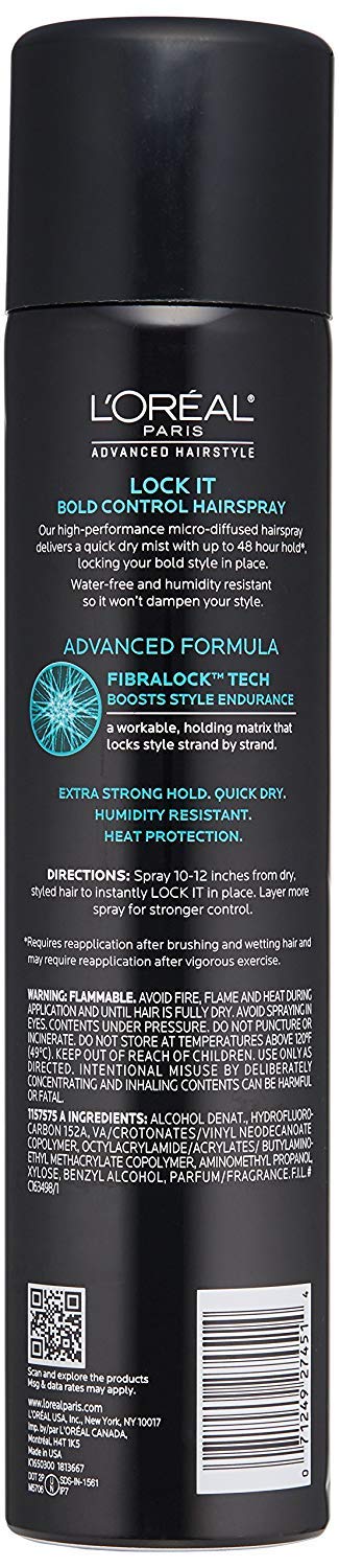 L’Oréal Paris Lock It Bold Control Hairspray, aérosol, maintien flexible et tenue durable.