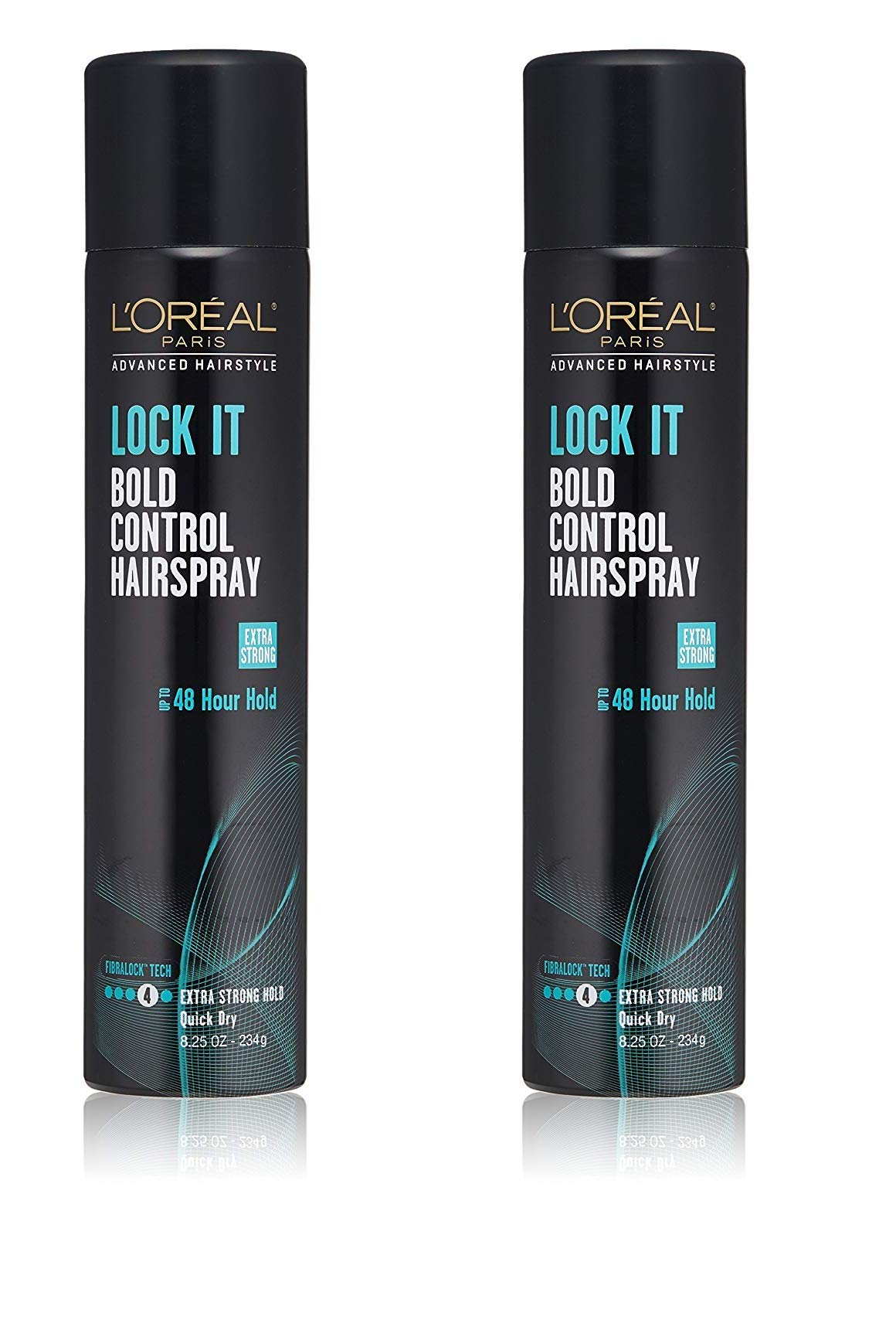 L’Oréal Paris Lock It Bold Control Hairspray, bouteille, fixation durable sans résidu.