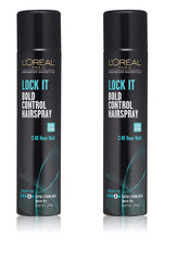 L’Oréal Paris Lock It Bold Control Hairspray, bouteille, fixation durable sans résidu.