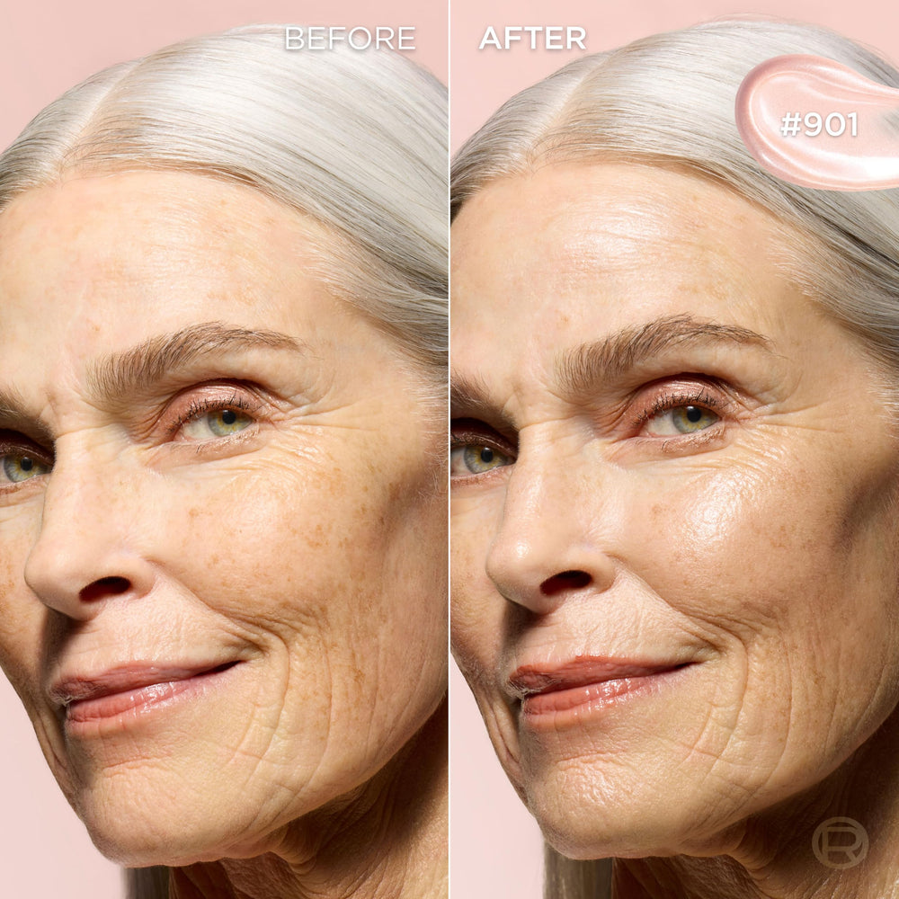 L’Oréal Paris Lumi Glotion appliquée doucement sur le visage pour un éclat naturel.