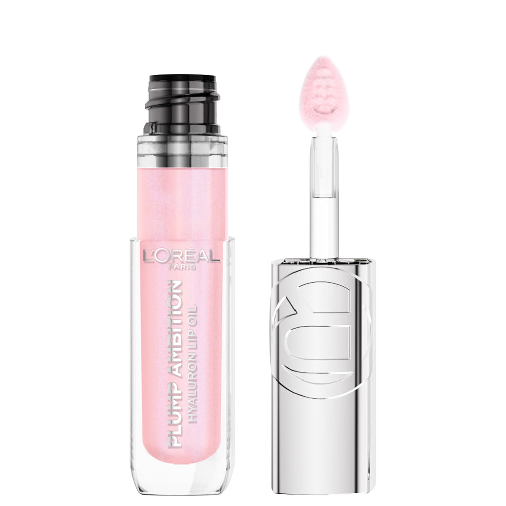 Flacon élégant de l’huile à lèvres L’Oréal Paris Plump Ambition offrant hydratation durable.