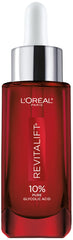 Sérum Revitalift par L’Oréal Paris, bouteille avec acide glycolique pur à 10%, démontrant son emballage translucide.