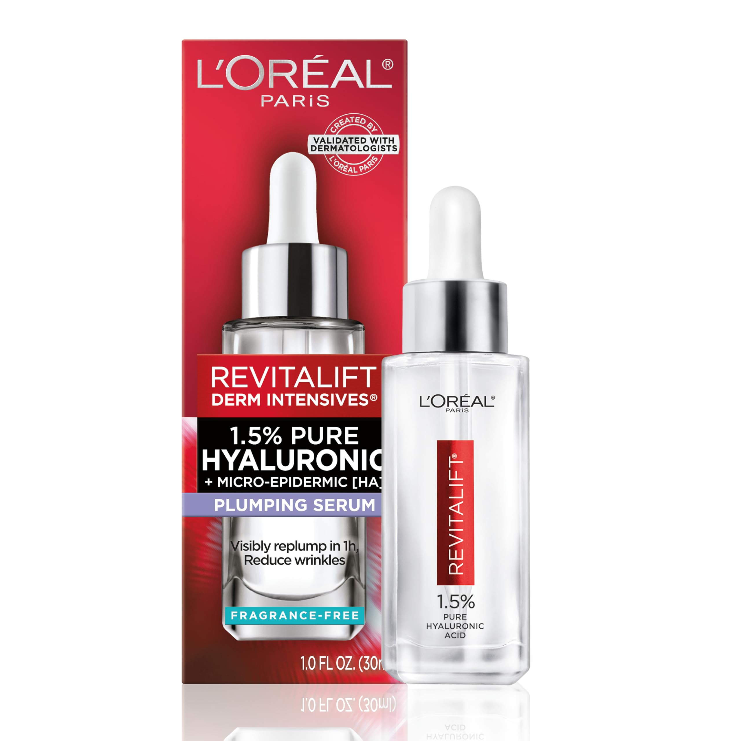 L’Oréal Paris Revitalift flacon-pompe montrant le sérum hydratant pour peau lumineuse