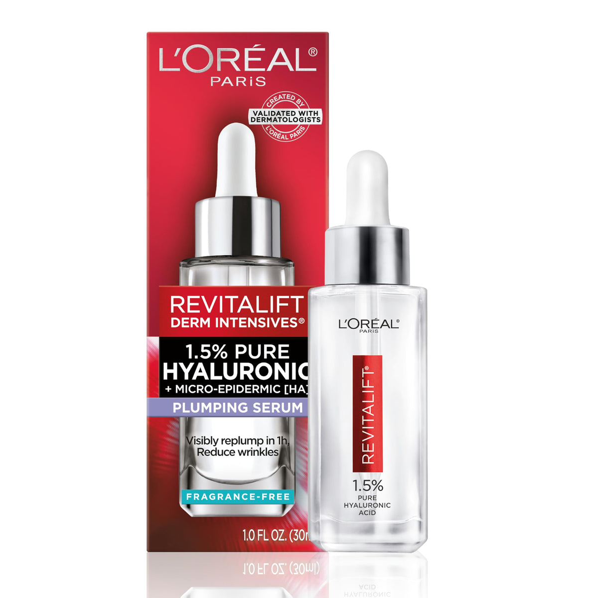 L’Oréal Paris Revitalift flacon-pompe montrant le sérum hydratant pour peau lumineuse