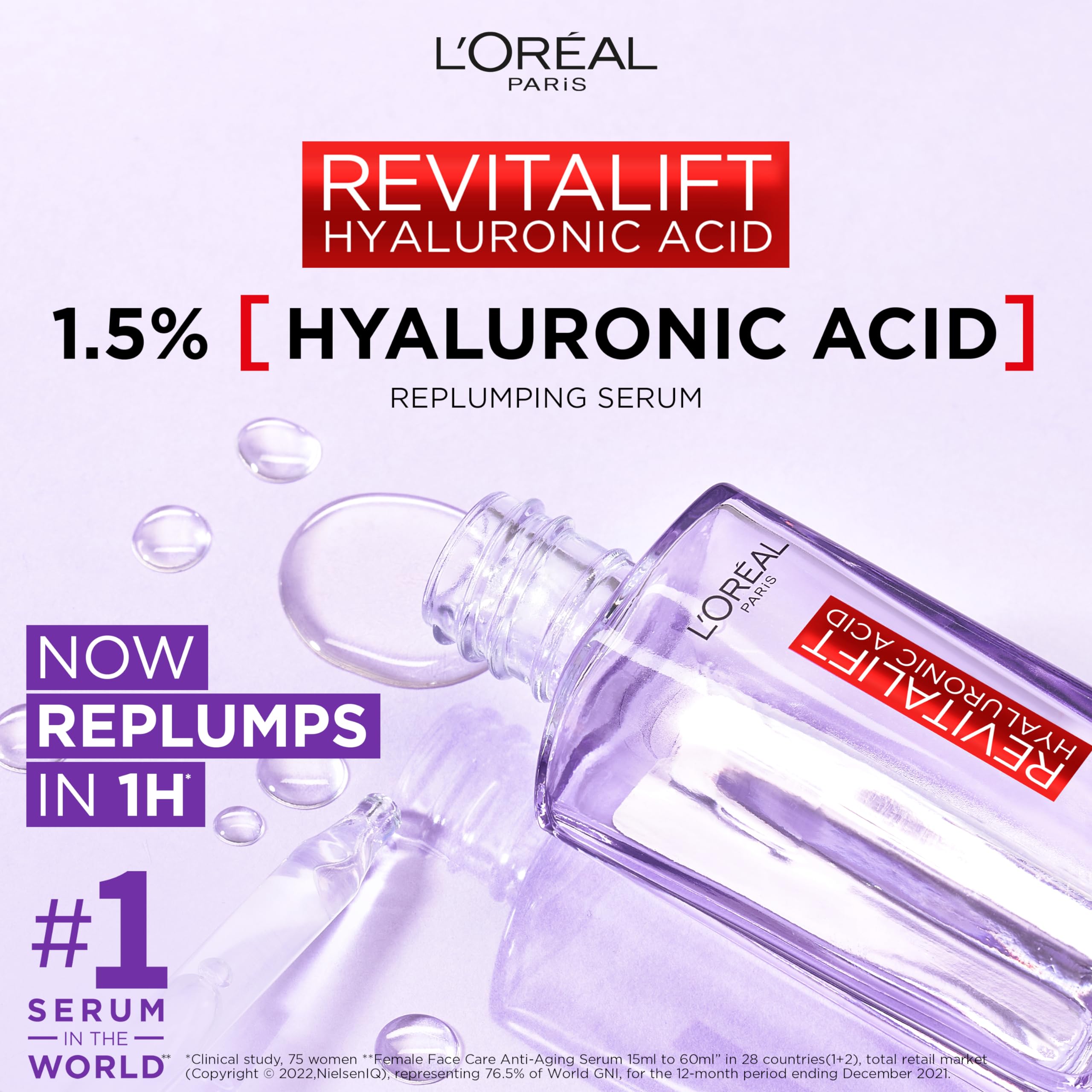 Sérum Revitalift Filler Plus HA, gouttes visibles, absorption rapide et texture légère.