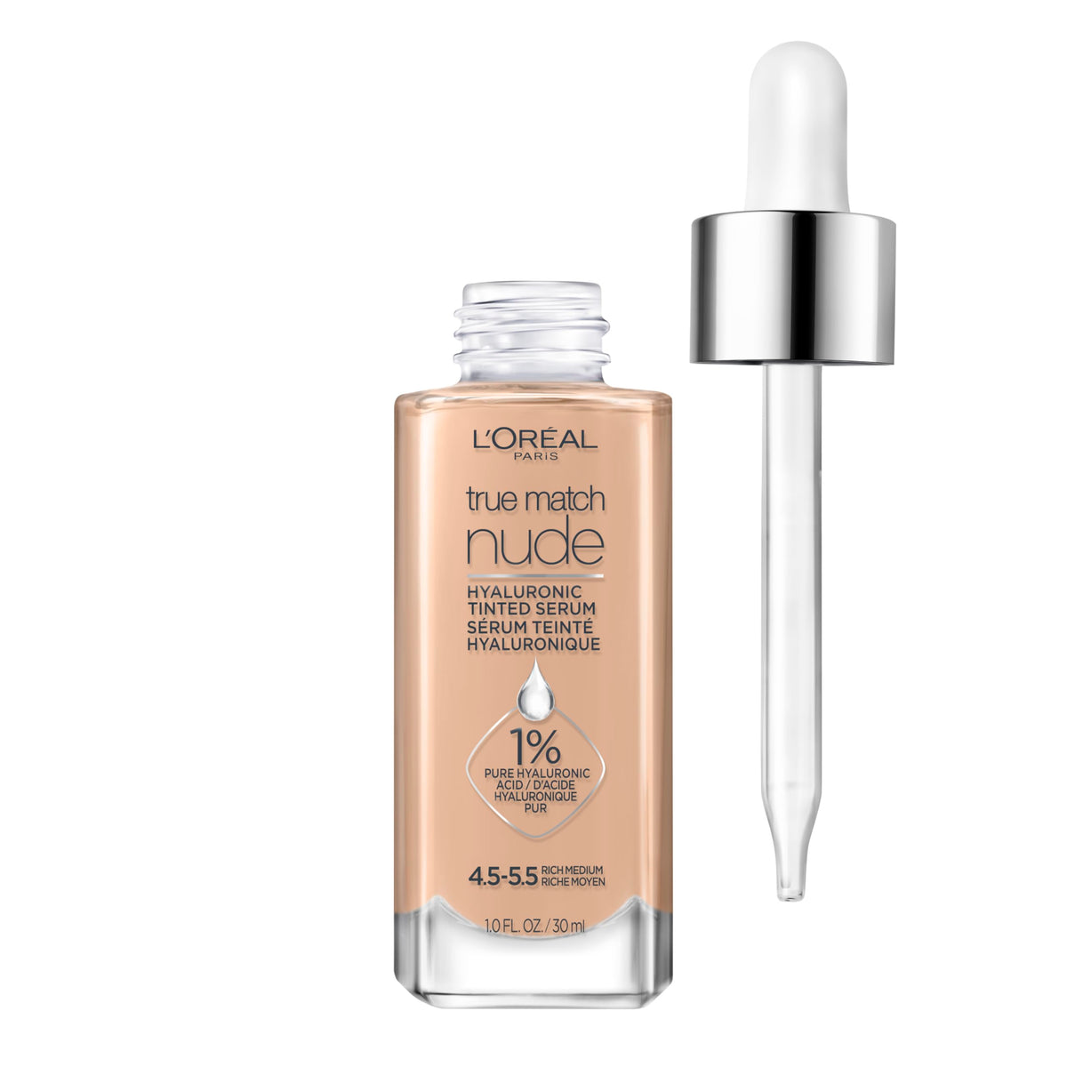 L’Oréal Paris True Match Nude Serum — bouteille montrant hydratation et teint unifié