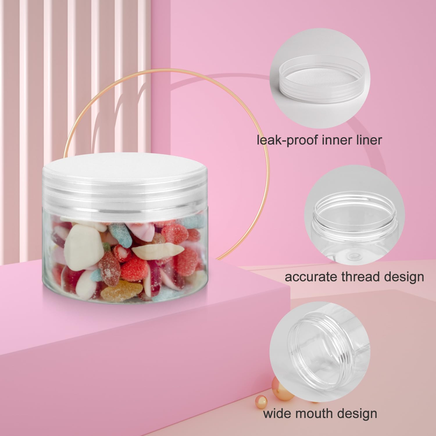 Pot Loretoy transparent avec bouchon vissé et joint en mousse pour éviter les fuites.