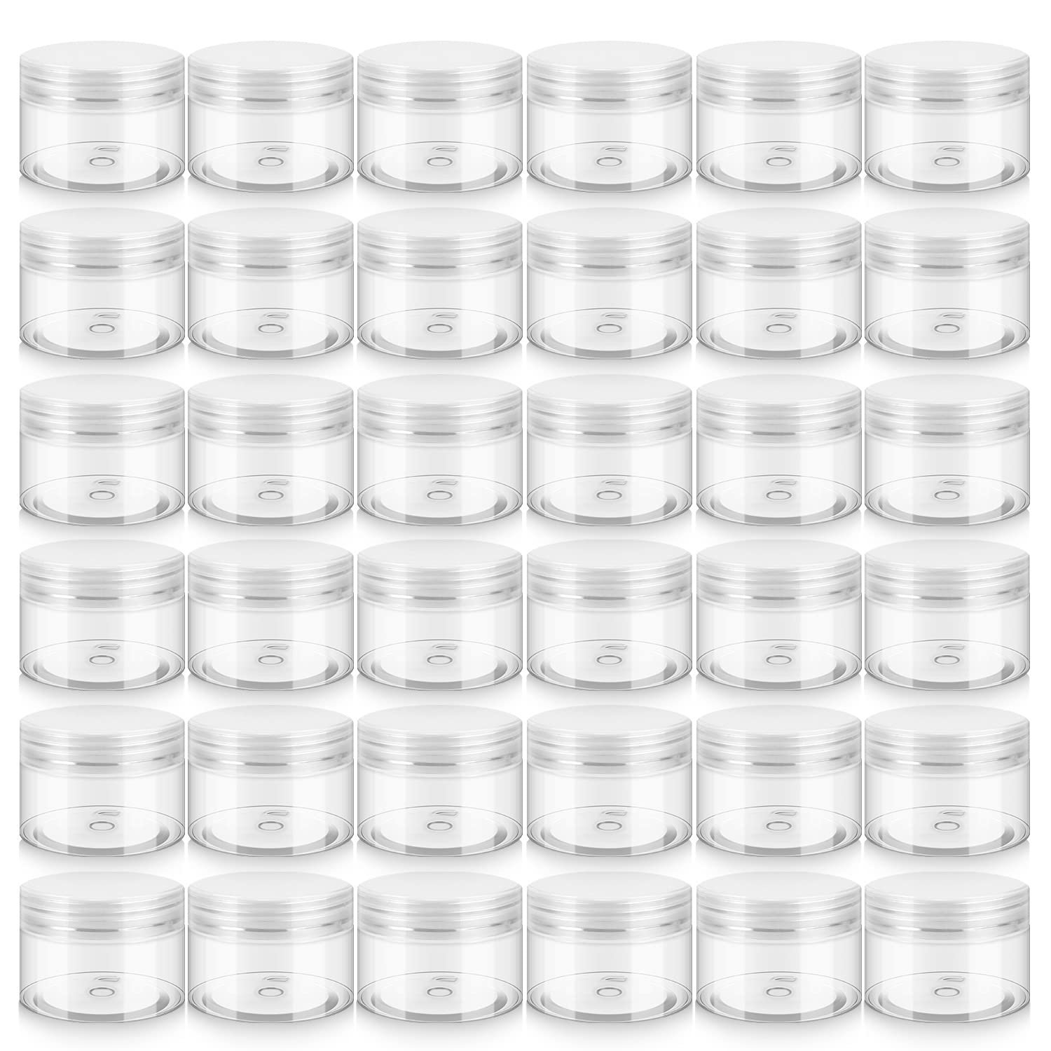 Pots Loretoy en plastique transparent avec couvercles, idéal pour cosmétiques et sels de bain.