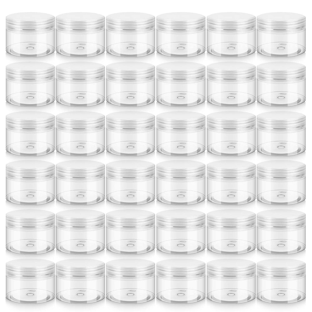 Pots Loretoy en plastique transparent avec couvercles, idéal pour cosmétiques et sels de bain.