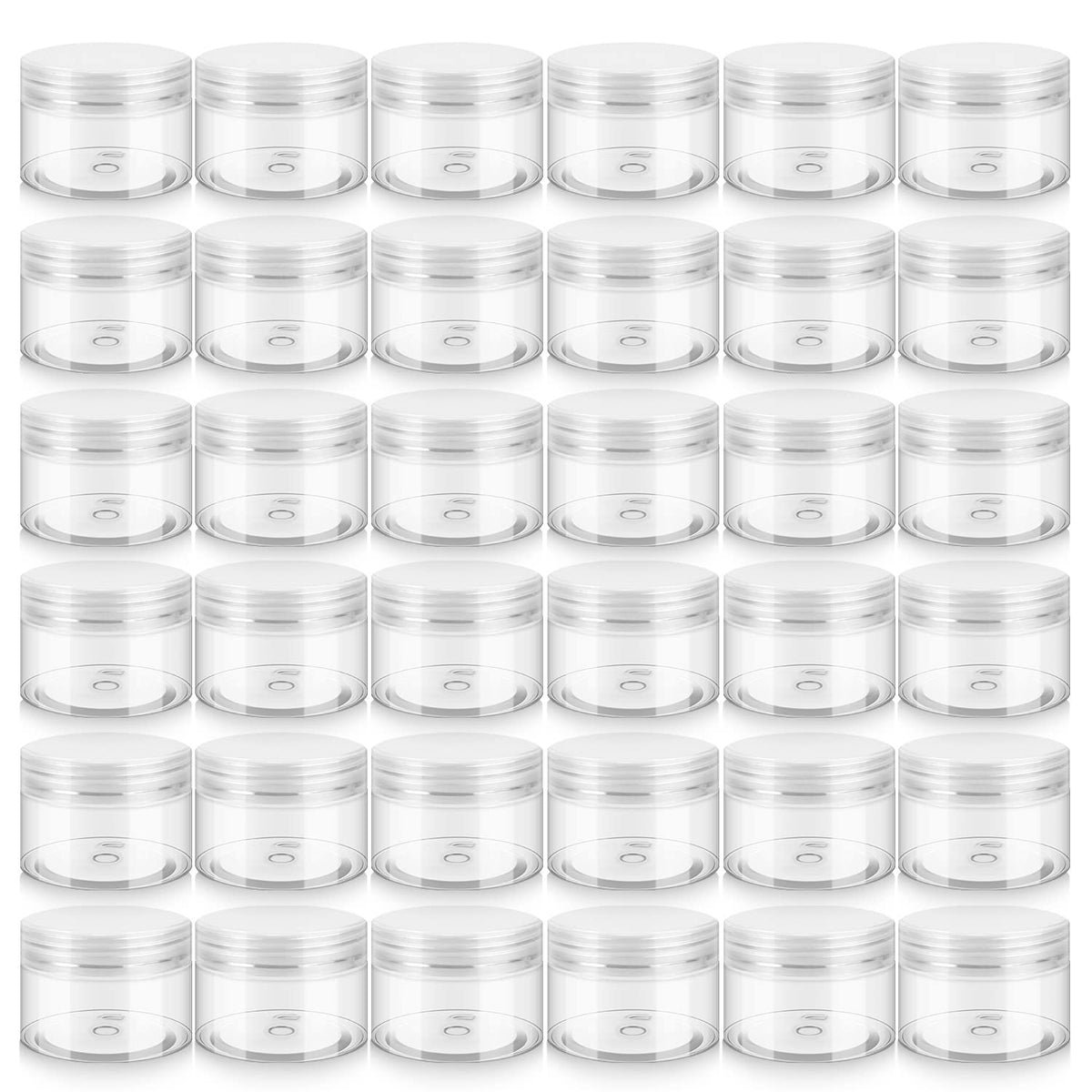 Pots Loretoy en plastique transparent avec couvercles, idéal pour cosmétiques et sels de bain.