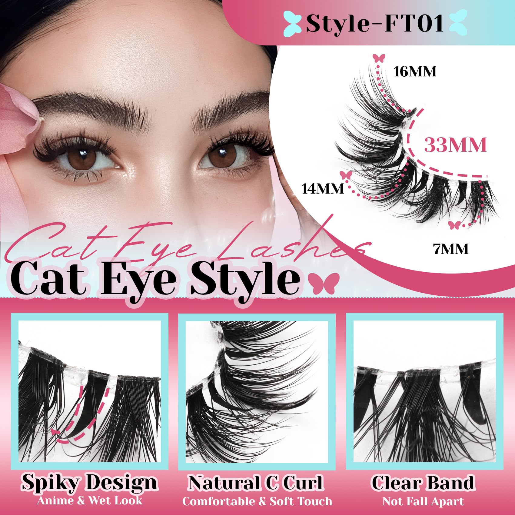 Losha Lashes Wispy Cat Eye – Bande transparente et longueur 7–16 mm pour un port confortable.