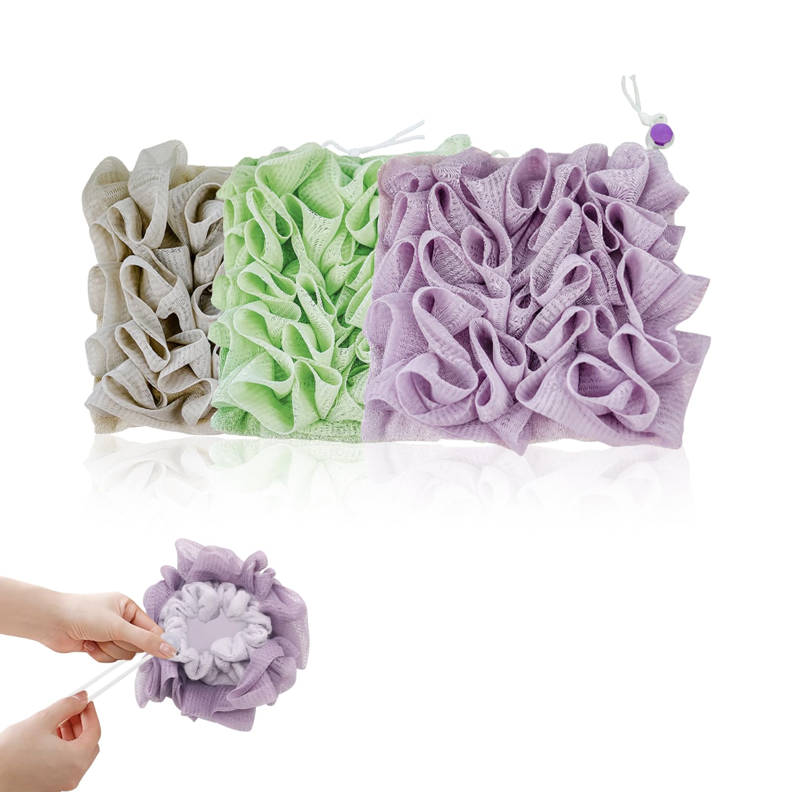 Loofah-Washcloth Lot de trois couleurs avec exfoliation et mousse riche.