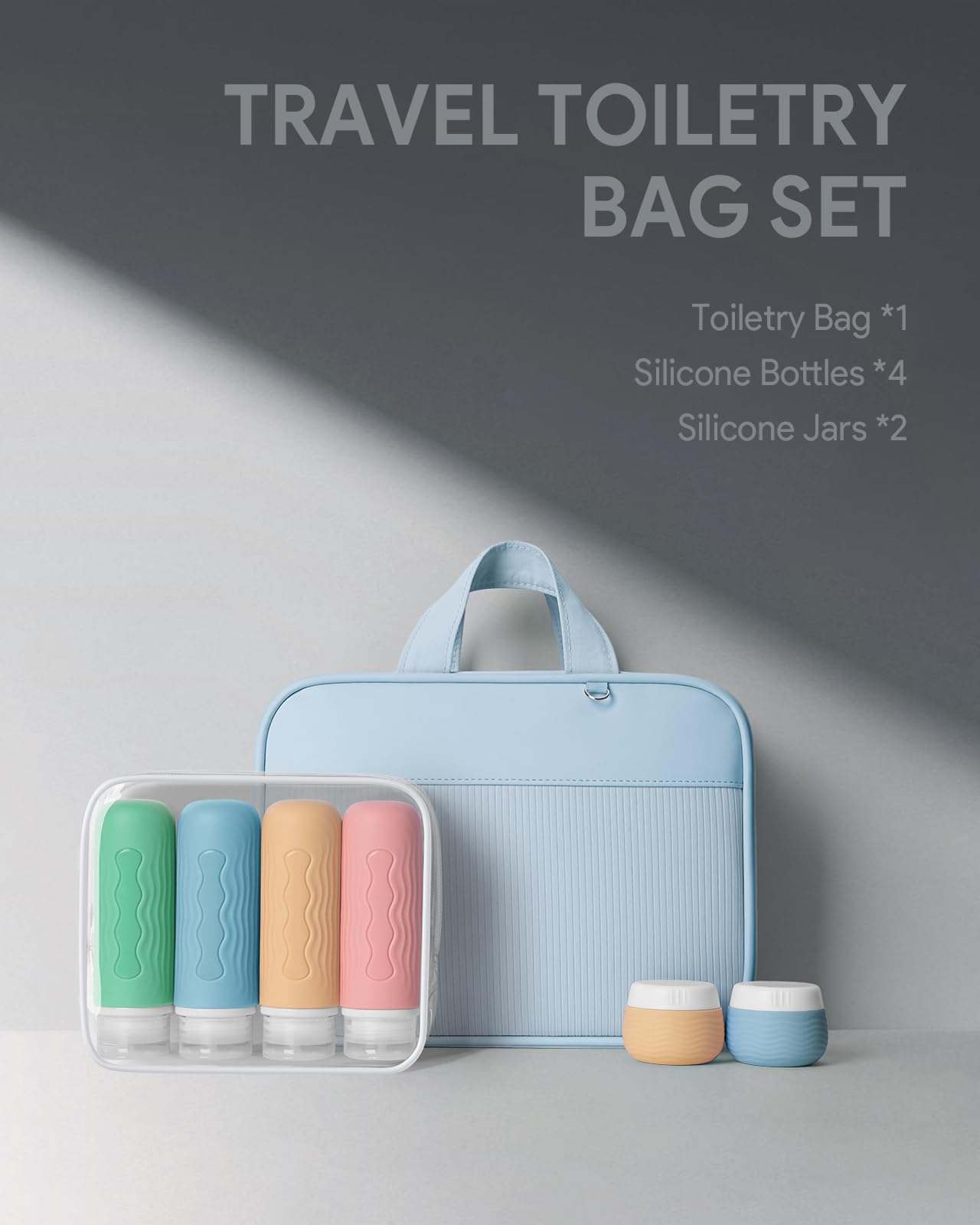 Lotour bouteilles silicone voyage bleu, ensemble léger et pratique.