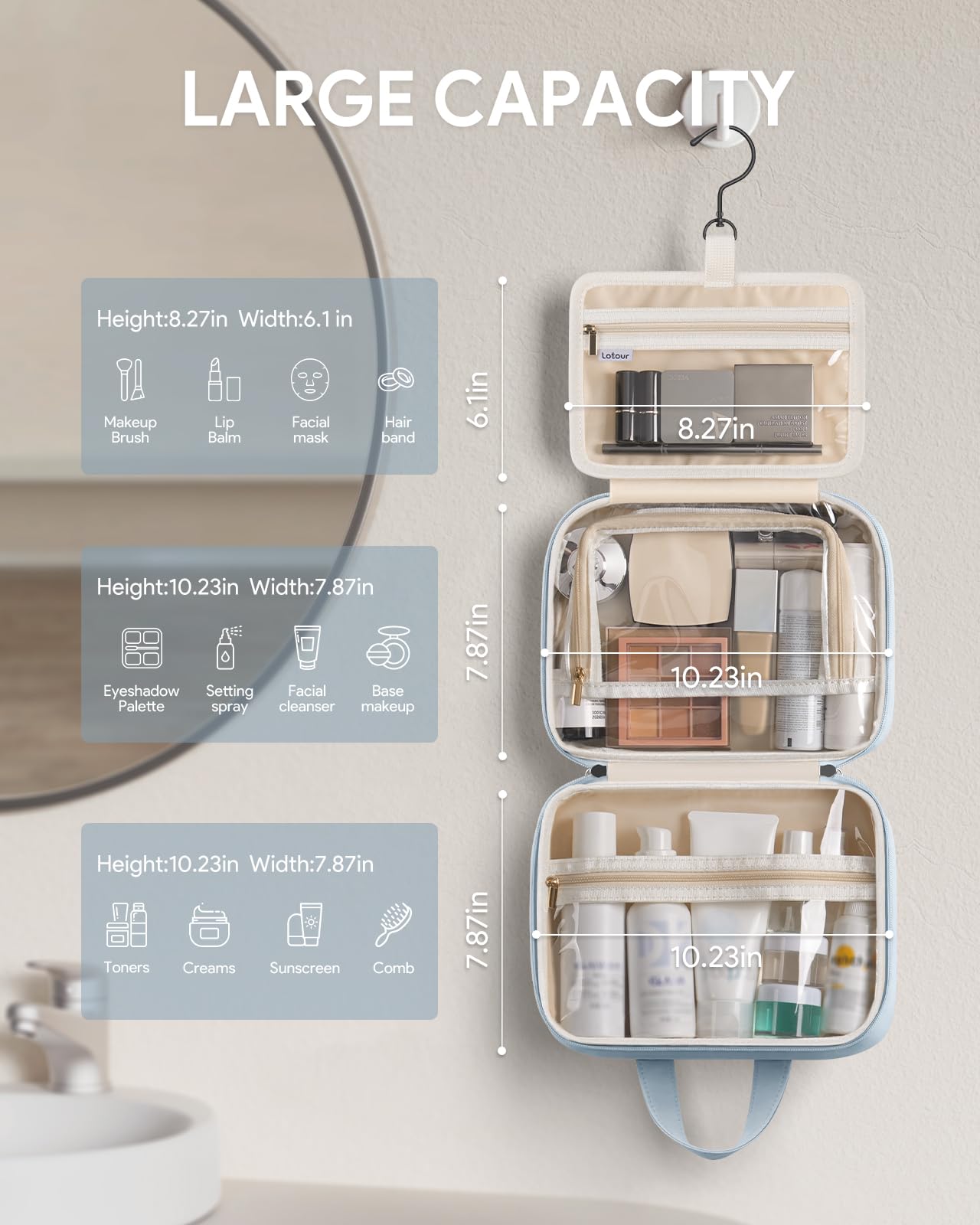 Lotour trousse toilette bleu ouverte, accès rapide aux cosmétiques.